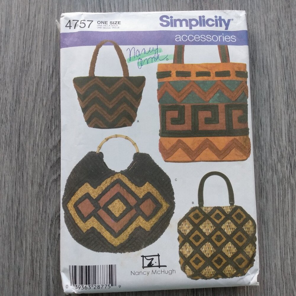 Handbag Sewing Pattern Chenille Purse Shoulder Bag Simplicity 4757 UNCUT